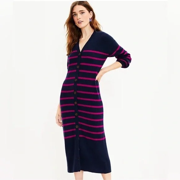 LOFT Striped Knit Midi Dress Cardigan - Picture 2 of 7